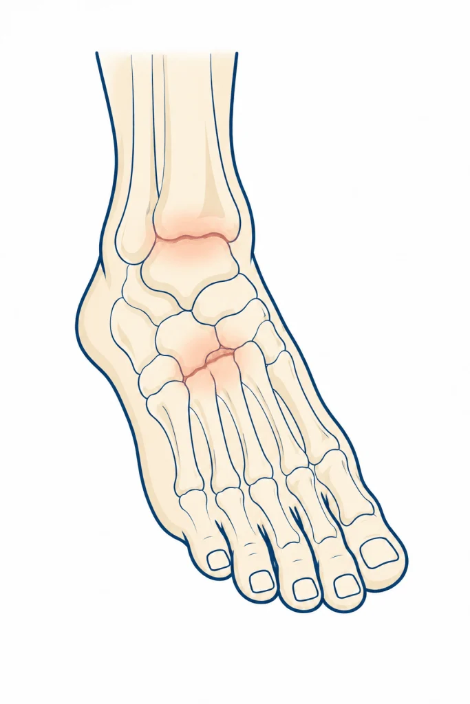 Illustration highlighting osteoarthritis at ankle and midfoot joints